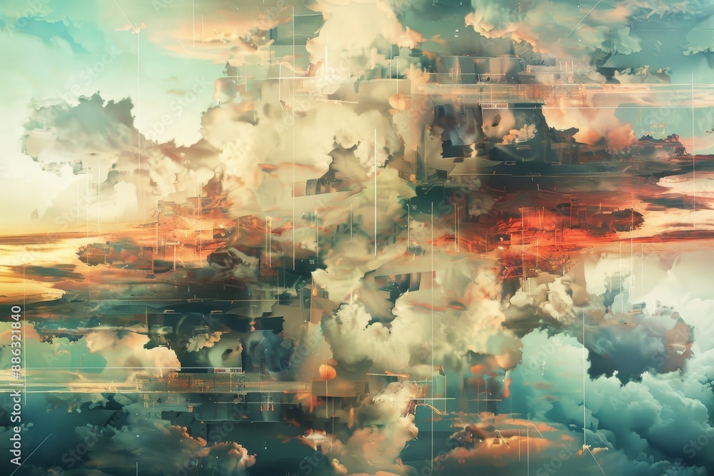 Poster digital painting showing cybernetic clouds merging with the physical sky, cybernetic clouds merging 