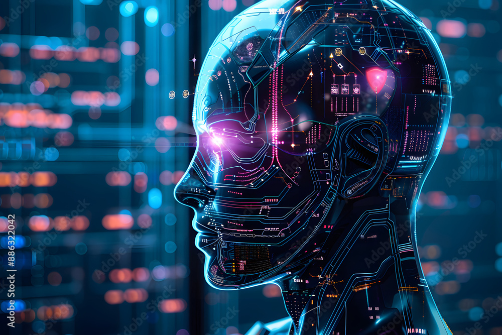 Poster side profile of a futuristic artificial intelligence computer head with glowing lines and data