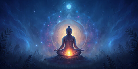 An ethereal scene depicting a person meditating on a mountain, surrounded by an aura of light and energy. The backdrop is a mystical night sky with stars and celestial elements