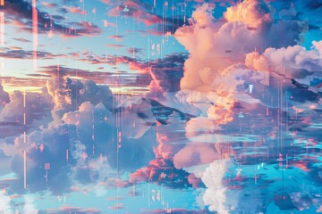 A sky filled with clouds releasing rain drops onto the earth below, Cybernetic clouds merging with physical reality in a surreal composition