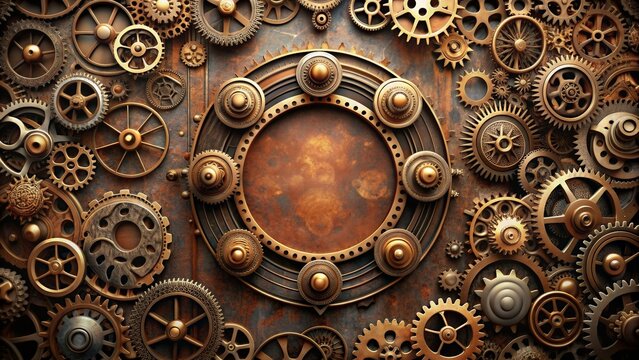 Steampunk wheelwork design with gears, cogs, and intricate metalwork, steampunk, wheelwork, gears, cogs, metalwork