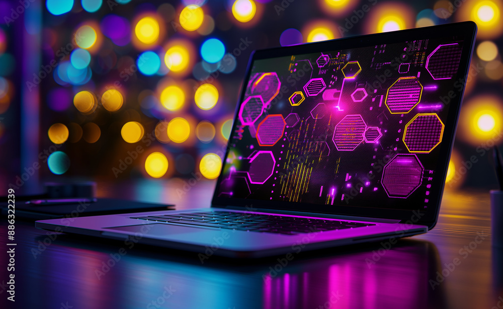 Poster a laptop displaying colorful digital graphics with a blurred bokeh background.