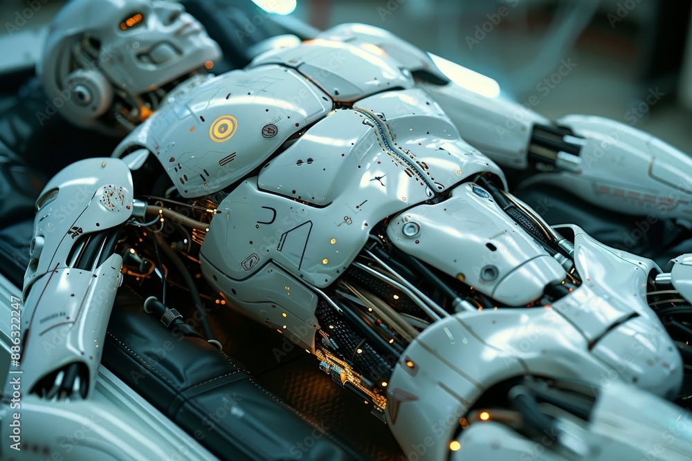 Poster a robot with cybernetic implants and enhancements is laying down on a table, cybernetic implants and