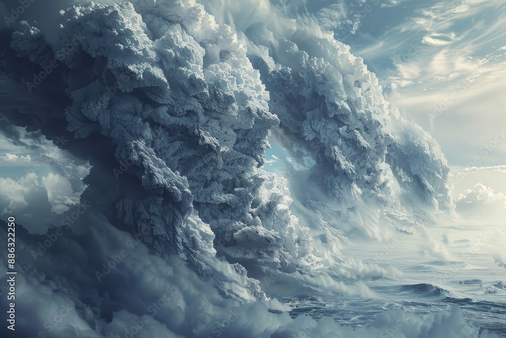 Poster a very large wave rising in the middle of the ocean, showcasing its powerful force and towering heig