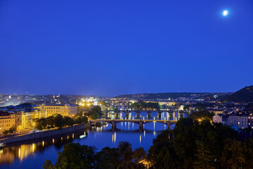Aerial cityscape evening view of Prague, capital city of Czech Republic, view from Letna park
