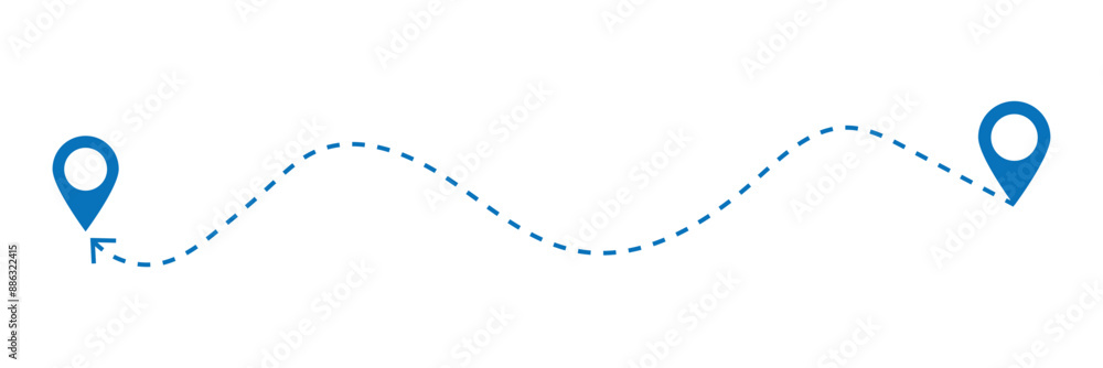 Poster route icon between two points with dotted path and location pin. location pointer continuous one lin