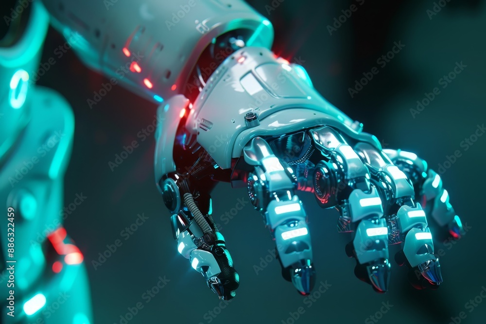Aufkleber a robotic hand is displayed with red lights illuminating its surface, cybernetic implants and enhanc