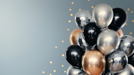 Fototapeta premium Sophisticated black, silver, and gold balloons on blue.