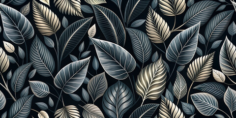 A sophisticated wallpaper design featuring an array of black and gold leaves on a dark background. The leaves are intricately detailed, giving a luxurious and elegant feel