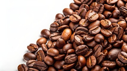 Obraz premium Close-up shot of freshly roasted coffee beans on a white background, coffee, beans, roasted, close-up, texture, aromatic, caffeine