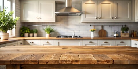 Wooden table with a blurred kitchen bench in the background, kitchen, cooking, interior, home, dining, wood, empty, space