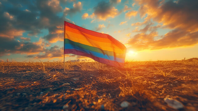 Rainbow flag on a hilltop at sunset