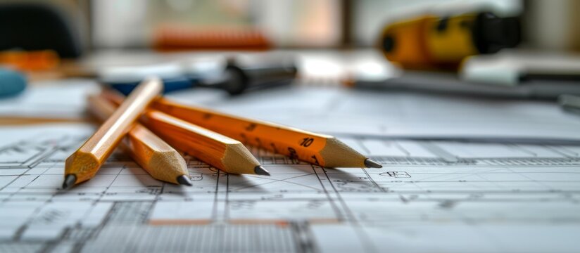 Close-up of Architectural Blueprints with Pencils and Measuring Tools on a Desk in a Modern Office
