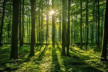 Fototapeta premium Dappled sunlight filters through dense trees in a forest setting, Dappled sunlight dappling through a dense forest
