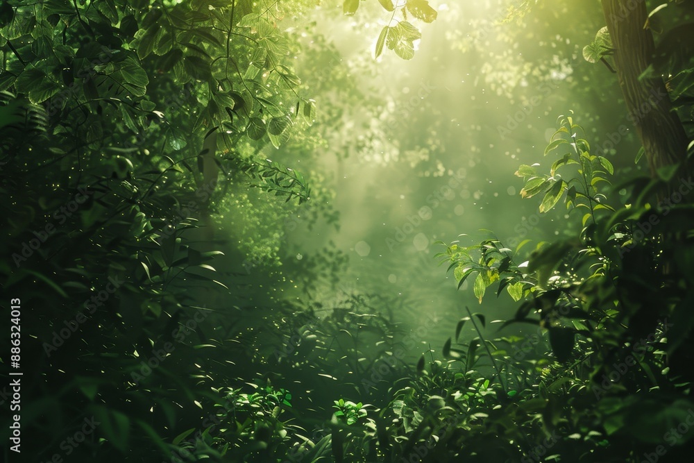 Aufkleber sunlight filters through dense forest canopy, creating dappled light on the trees below, dappled sun
