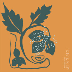 Botanical logo template in Art Nouveau style. Plant abstract elements on a colored background with text. Flat illustration in modern trendy style for invitations, branding, congratulations.