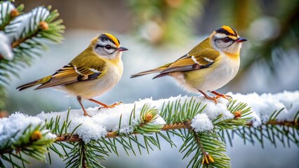 Fototapeta premium Cute Common Firecrest birds perched on snow-covered branches on a cold winter day , Winter, nature, background