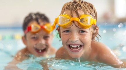 Two boys enjoy their time in a pool wearing yellow goggles, with broad smiles on their faces, highlighting the delightful moments of childhood water play and friendship.