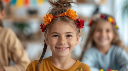 A girl with a flower crown smiles brightly while participating in an indoor activity, capturing a moment of youthful happiness and the beauty of creative self-expression.