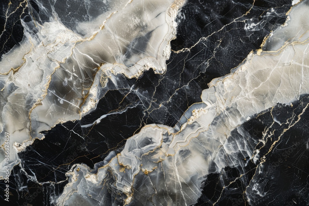 Poster detailed view of a black and white marble surface, showcasing intricate patterns and textures, dark 