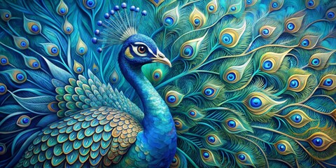 Abstract blue peacock with intricate patterns and vibrant colors, abstract, blue, peacock, vibrant, colors, feathers, pattern