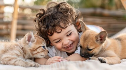 A joyful child lies on green grass, smiling while cuddling a kitten and a puppy, exemplifying the pure bond between children and pets, amidst the serene outdoors.