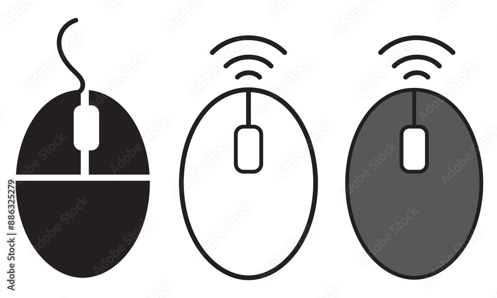 Poster wireless mouse icon set. gamers mouse without wire vector symbol in a black filled and outlined styl