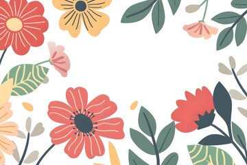 Fototapeta premium Colorful floral border with various flowers and leaves on white background, creating a vibrant frame