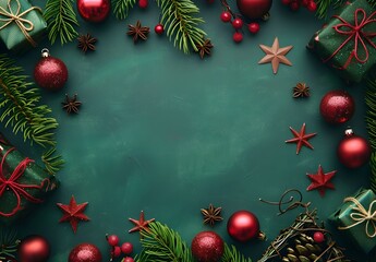 Christmas Festive Green Background with Ornaments, Gifts and Stars