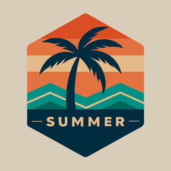 Summer Paradise Vintage logo with palm and sunset for your logo or thsirt design