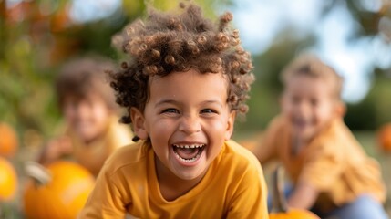 Fototapeta premium A young child with curly hair smiles broadly in a pumpkin patch during autumn, surrounded by friends, capturing the essence of seasonal fun and childhood joy.