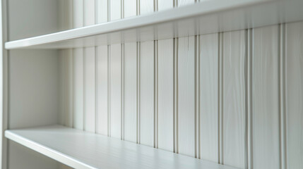 Fototapeta premium White painted beadboard wall behind empty white shelves, close up
