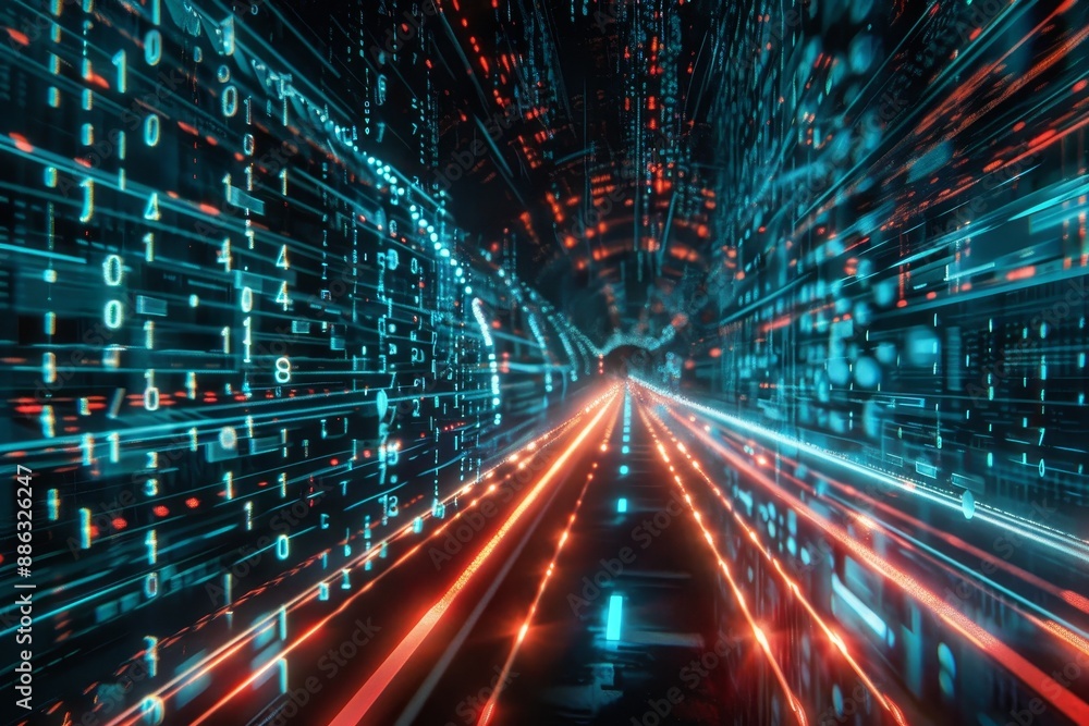 Poster data packets racing down a virtual highway in a futuristic tunnel filled with digital lines, data pa