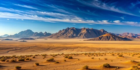 A vast desert landscape with flat terrain and mountains in the background, desert, arid, barren, wilderness, vast, empty