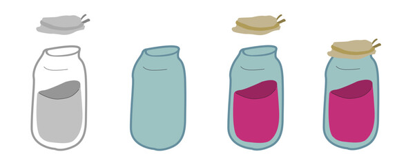 Hand drawn glass jar with content (jam or other firm of liquid) made in four versions: shades of grey, empty, with content and lid in air, with content and sealed. Food. Object. Vector illustration.