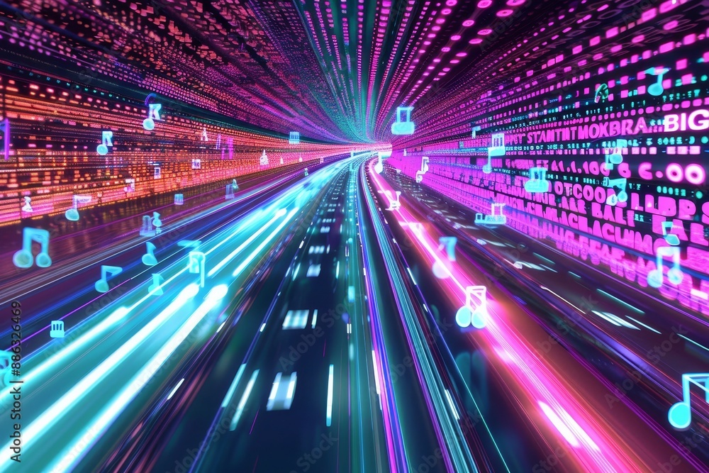 Aufkleber data packets race down a virtual highway in a futuristic digital world, data packets racing down a v