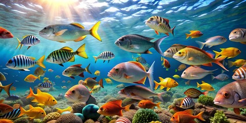 Fototapeta premium Beautiful sea creatures searching for food in the water, sea, beauty, ocean, underwater, sea life, marine, creatures, searching