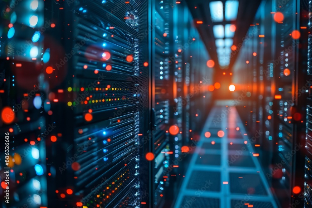 Poster a data center crowded with numerous servers processing data streams seamlessly, data streams flowing