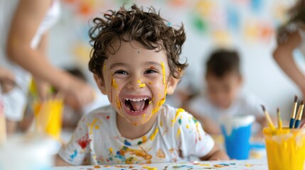 A happy child, covered in paint smudges, is seen enjoying an artistic activity indoors, surrounded by other children, displaying creativity and sheer joy.