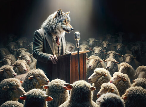Shady wolf convincing a group of sheeps about him being the best option to take care of them.
