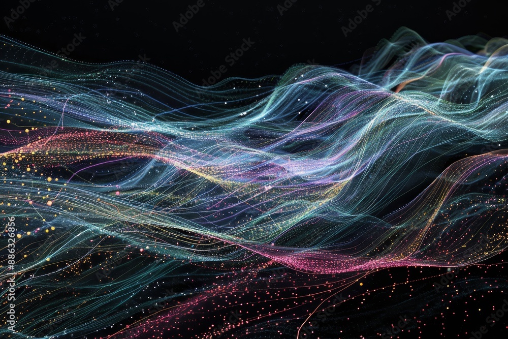 Poster Abstract representation of a colorful wave pulsating in the dark, creating a mesmerizing visual pattern, Data streams flowing through a network topology