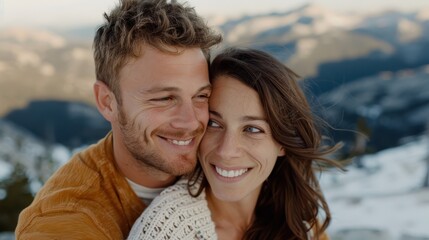 Obraz premium A happy couple embraces lovingly, with a breathtaking mountain landscape in the background, exuding warmth, romance, and the beauty of a shared moment in nature.