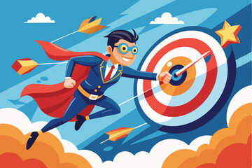 Superhero Businessman Flying Through Targets, Symbolizing Goal Achievement and Success