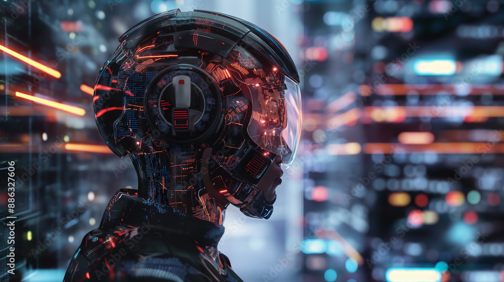 Poster Cybernetic human head with advanced technology and glowing interfaces in a futuristic setting.