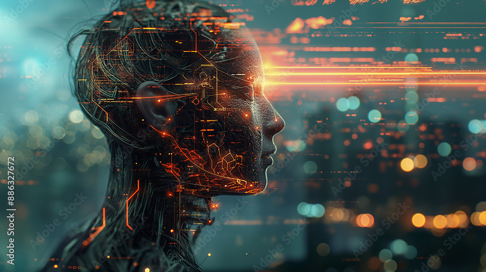Aufkleber digital representation of a human head with glowing data and circuitry.