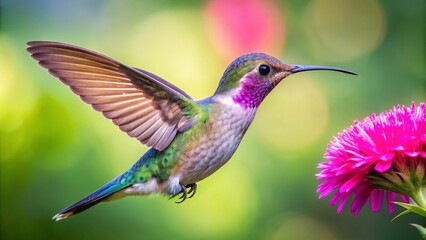Fototapeta premium Hummingbird violet Sabrewing flying next to a beautiful pink flower, bird, hummingbird, violet Sabrewing, blue, flying