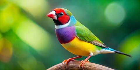 Colorful Gouldian finch with vibrant hues of red, yellow, and green on a soft blurred background, Gouldian finch, bird