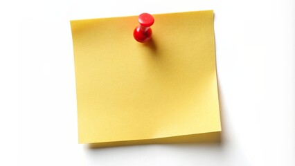 Yellow note paper with red pin on white background, yellow, note paper, red pin, office supplies