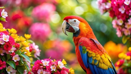 Tropical beauty captured in a Costa Rican parrot amidst vibrant burst of flowers, Costa Rican, parrot, tropical, floral