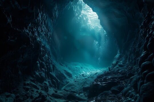 Discover the beauty of natural ice caves in Iceland, with unique formations and glowing light, Deep, dark abyss with hints of glowing light